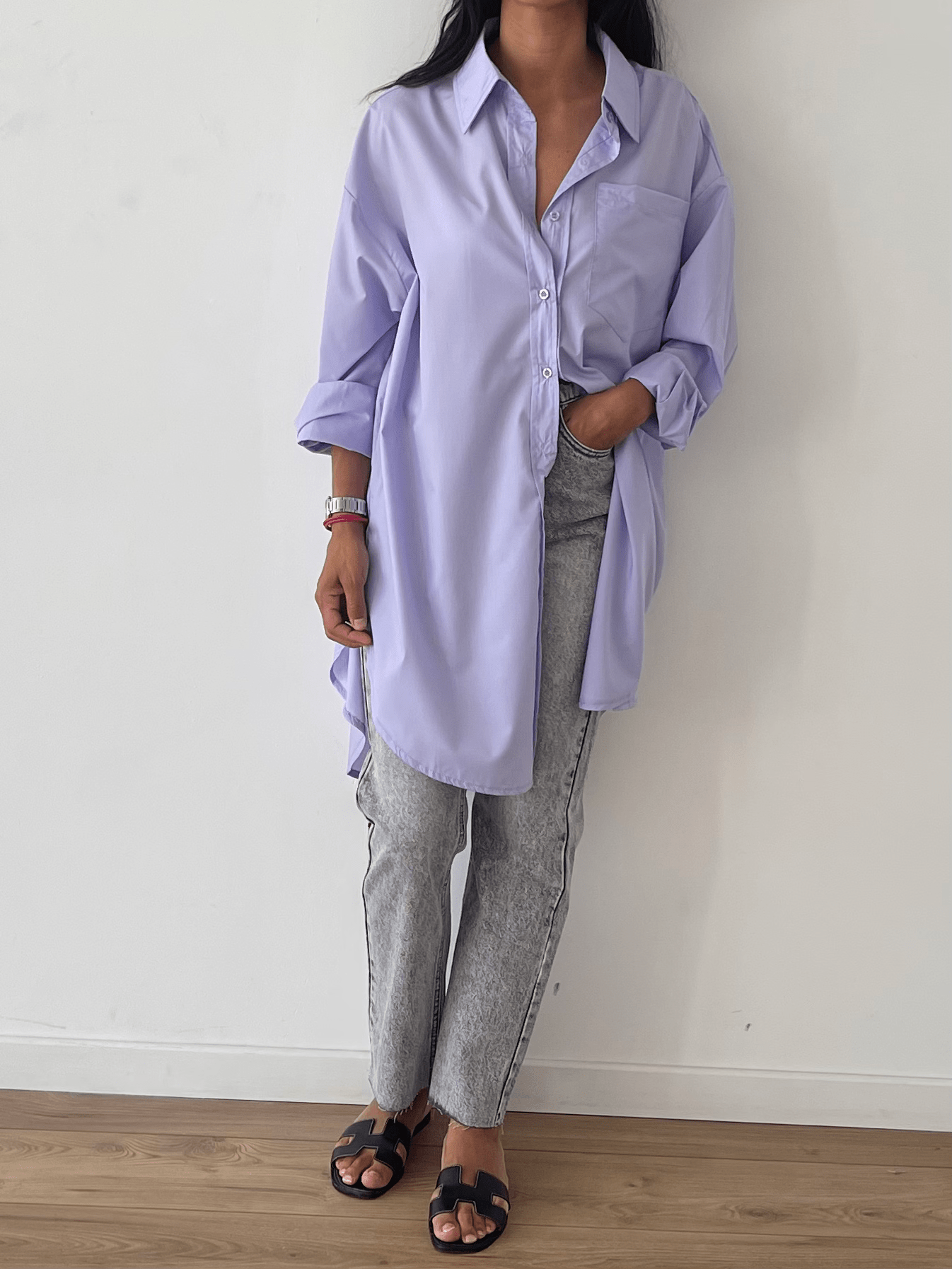 Chemise en coton léger lavande pour femme, style oversize