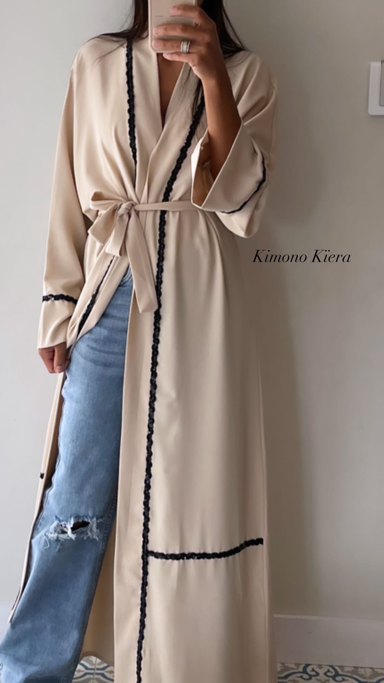 Kimono femme beige ceinturé avec finition contrastante